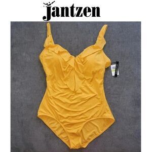 🆕️Jantzen Women's One-piece ruffle cascade front yellow marigold Sz 14 S…